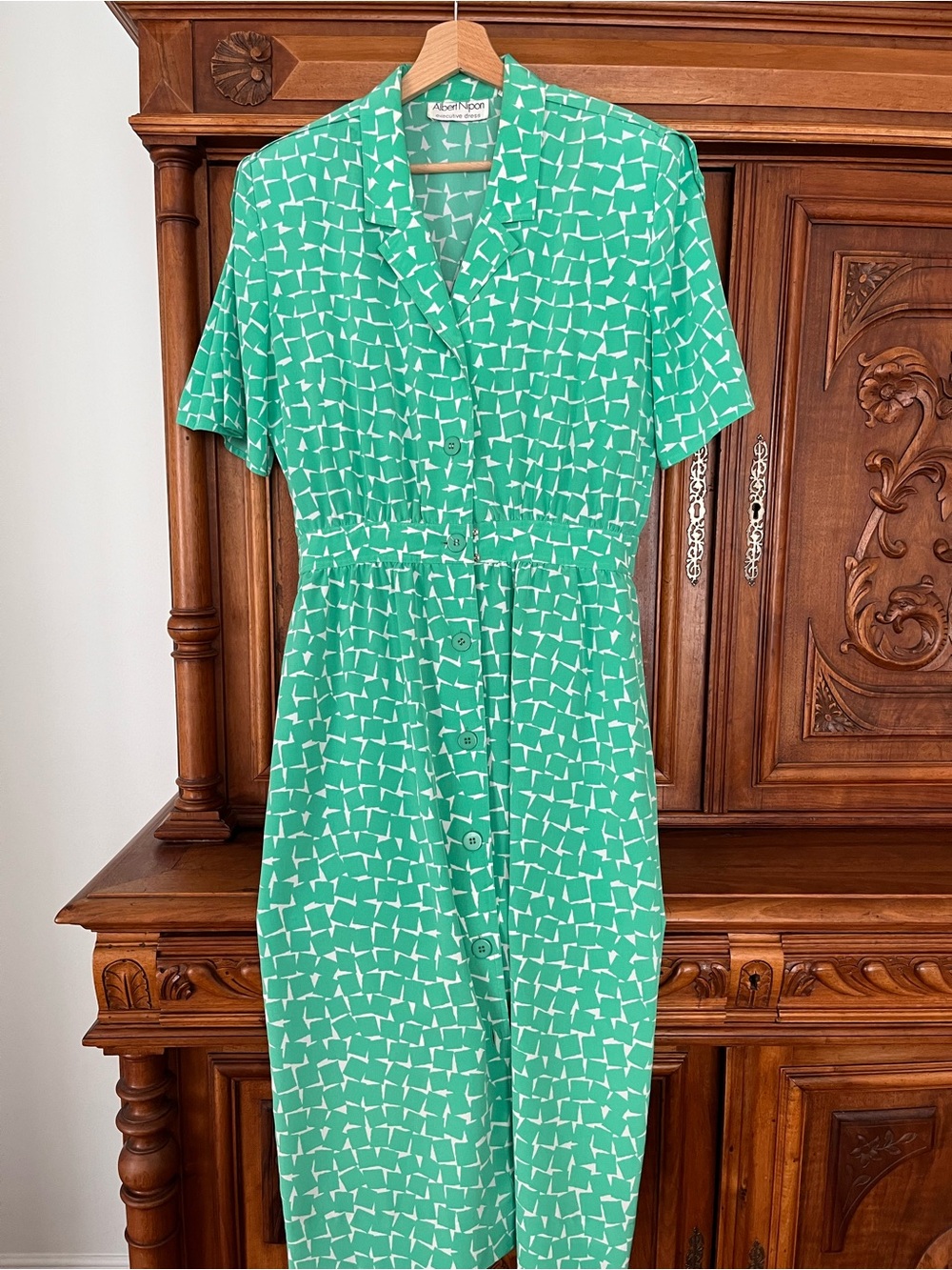 Albert Nipon Green Geometric Print Midi Shirt Dress